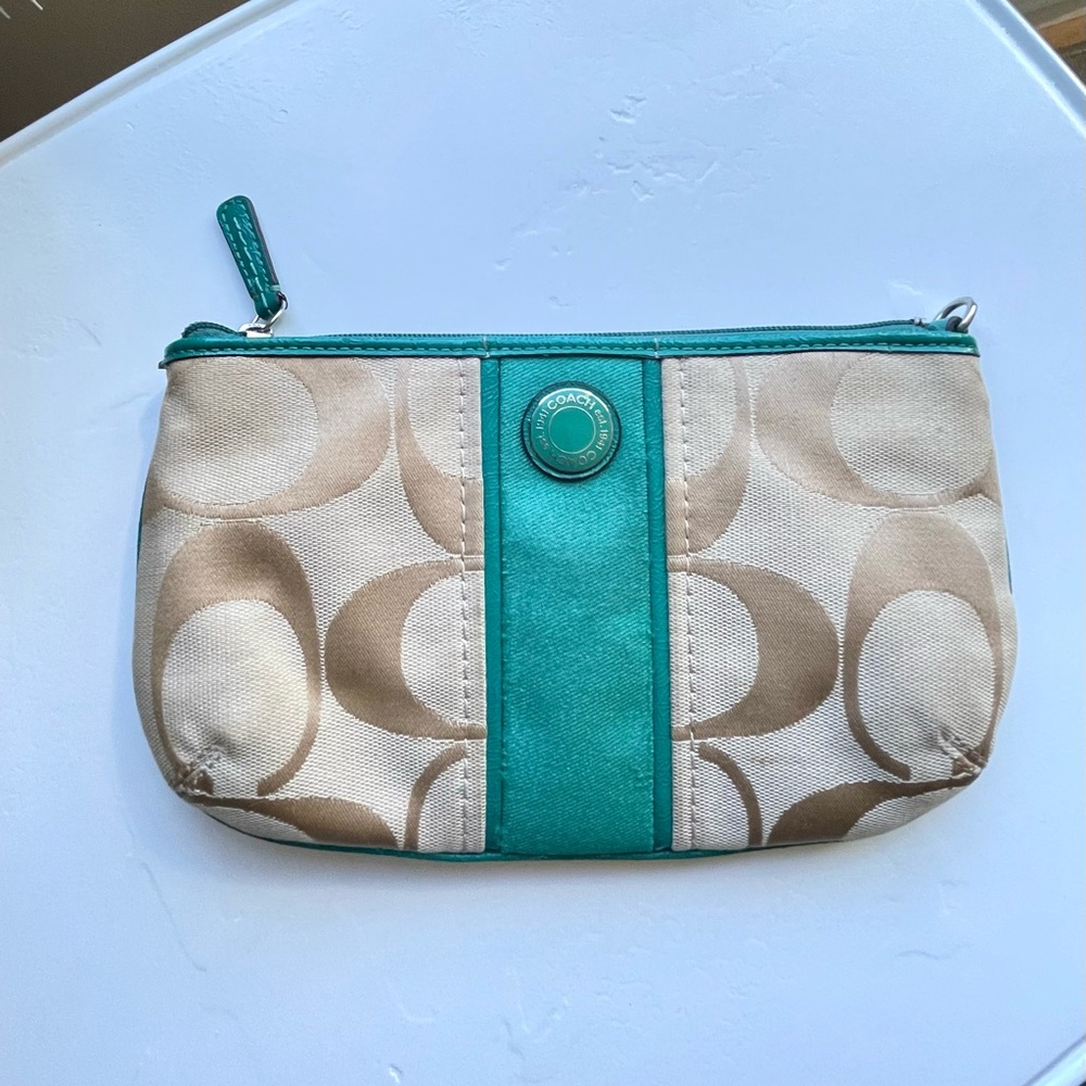 Coach Beige and Teal Clutch Pouch